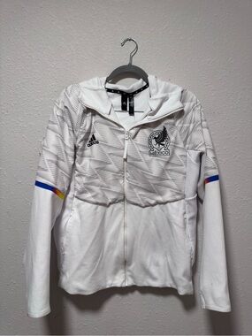 adidas White Hooded Zip Jacket with Black Logo Accents